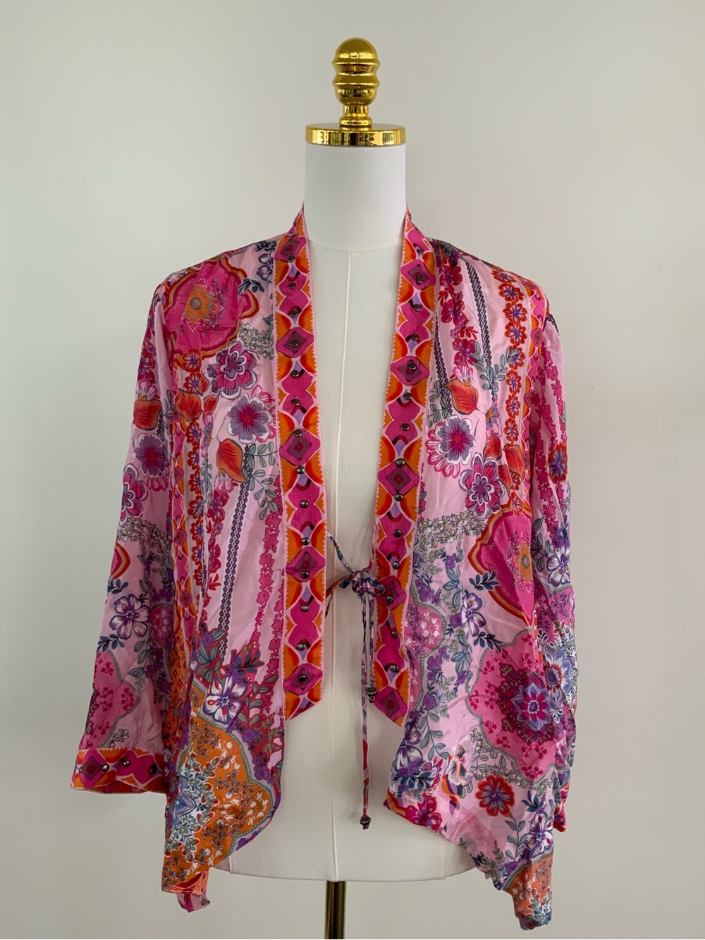 Johnny Was Pink Multicolor Floral Sheer Tie-Front Kimono Blouse